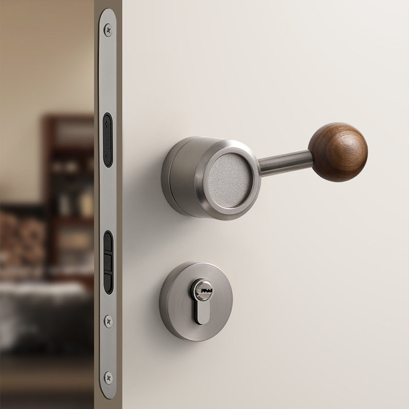 中古风卧室门锁室内门把手家用房间磁吸静音木门锁银色分体房门锁