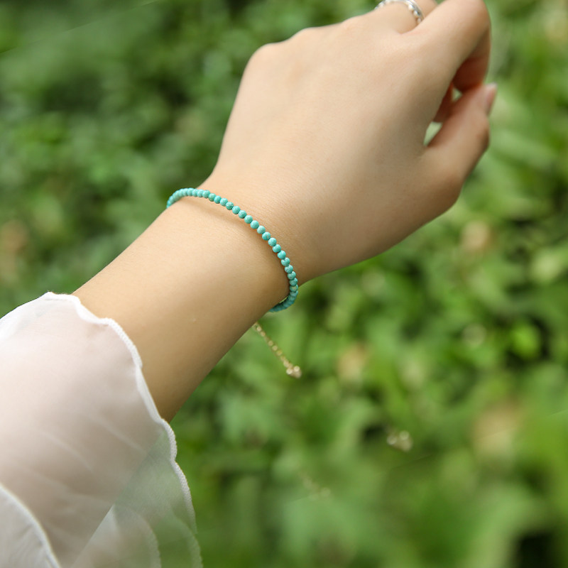 新品极细b天然原矿石无优化小绿松石手链女单圈手串14k金文玩超细