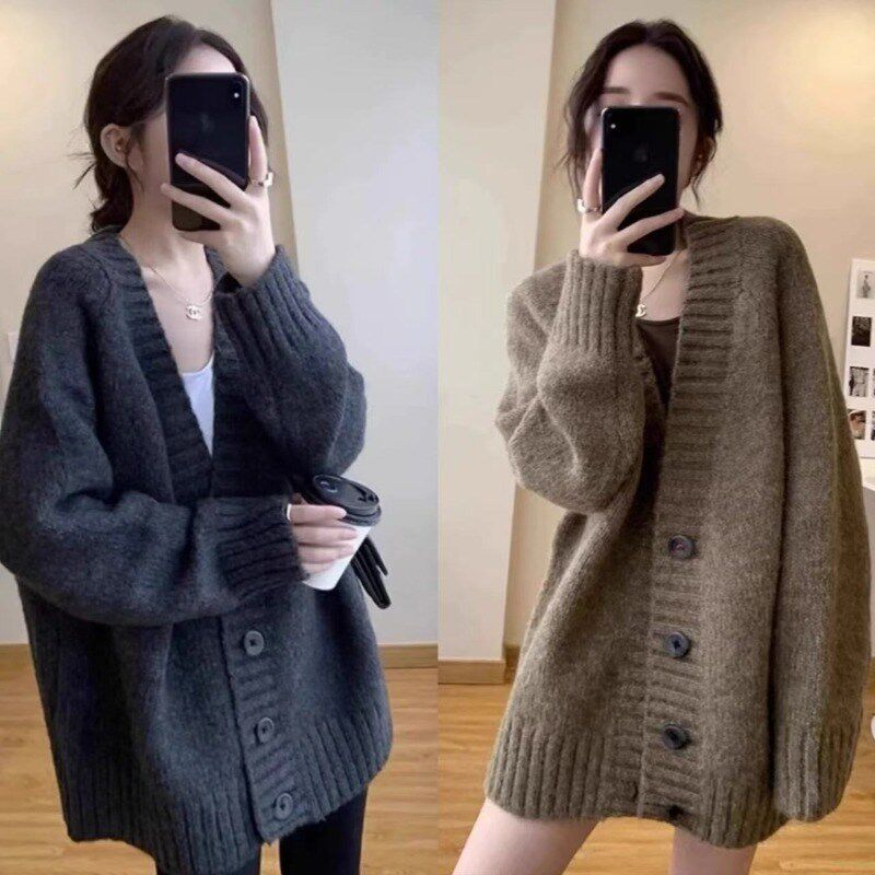 新品大码女慵懒风秋冬针织开衫上衣胖mm中长款遮屁股X洋气宽松毛