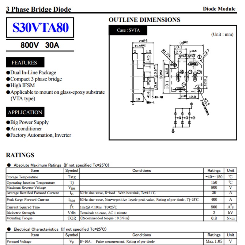 极速S30VTA80 u三相桥式二极管 800V 30A