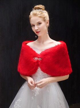 新品2019新款新娘婚纱礼服毛披肩冬季结婚旗袍伴娘外W套白加厚双