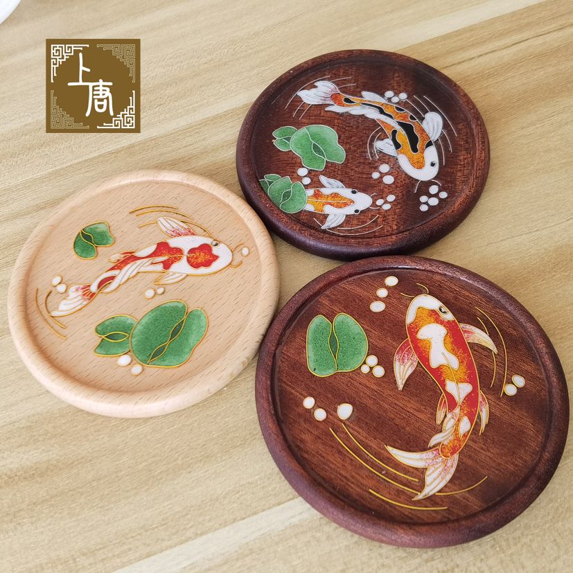 极速掐丝珐琅g锦鲤杯垫乌檀木DIY套件釉料材料包送礼物景泰蓝鱼荷