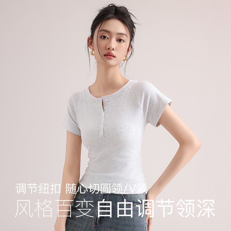 新品纯欲辣妹正肩v领短袖t恤v女2025春夏修身高腰短款半袖别致白