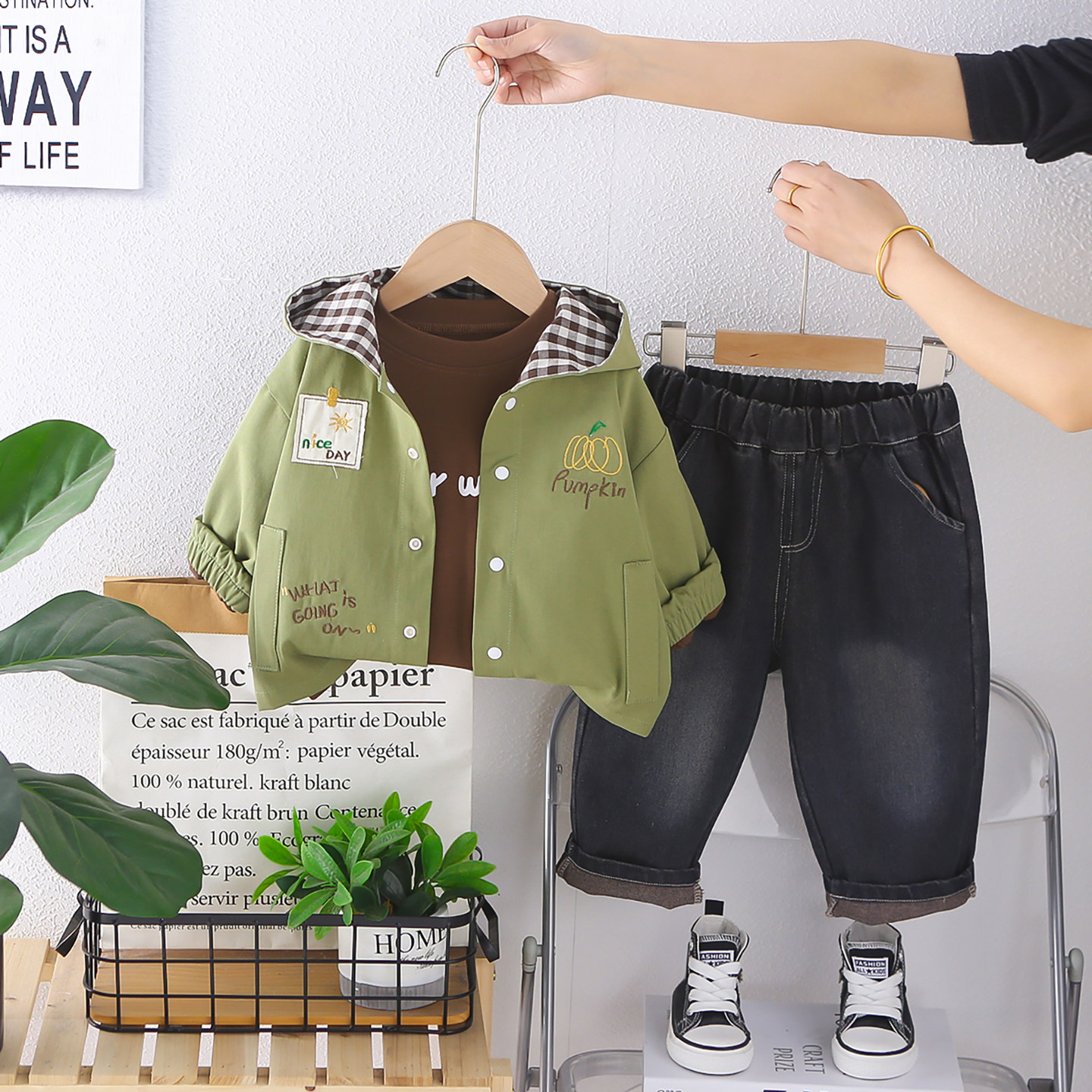 春季男童休闲风三件套薄款小男孩洋气帅气连帽拉链外套秋季套装