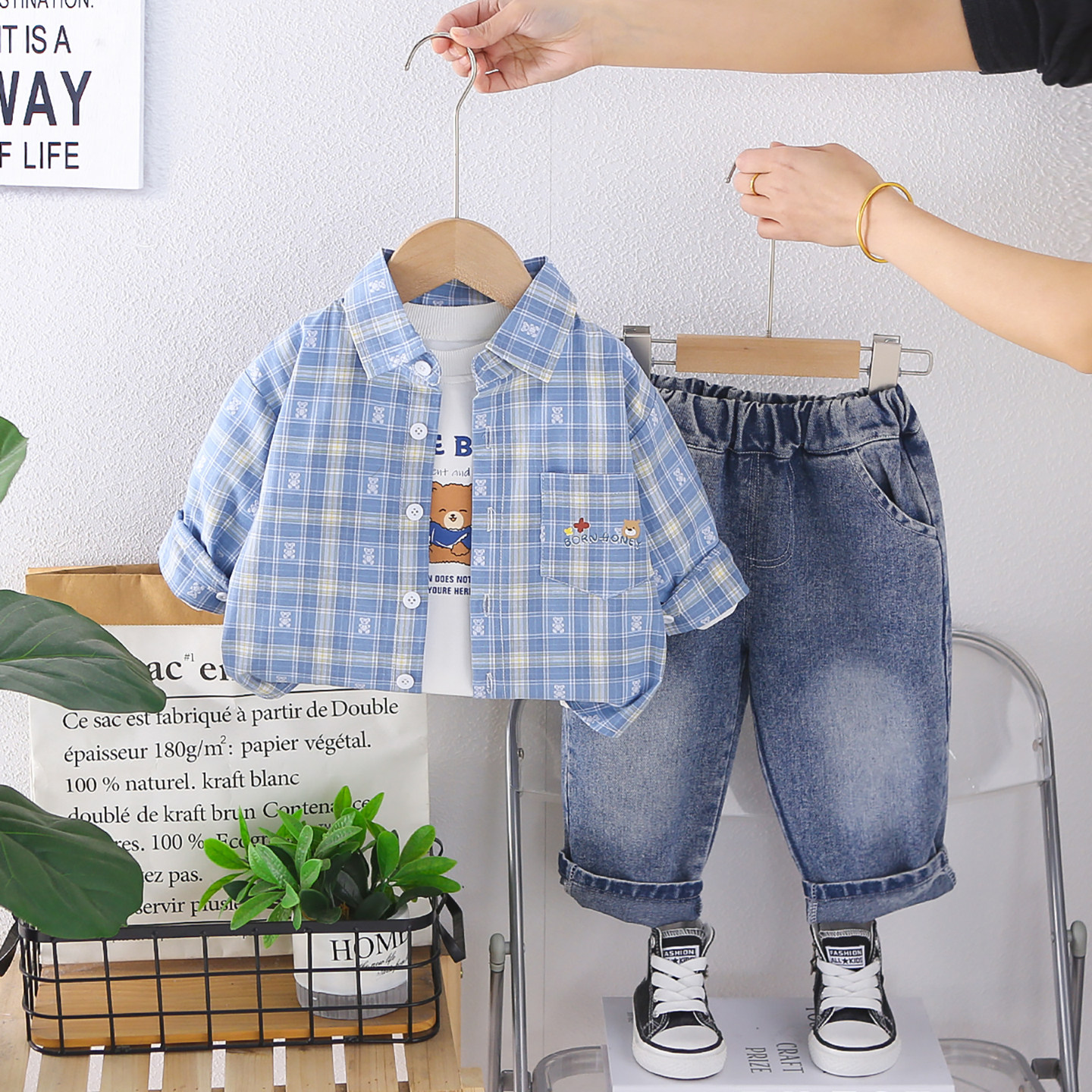 韩版男童格子衬衫套装春季洋气小童衬衣薄外套三件套宝宝帅气春装