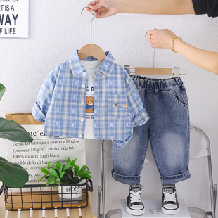 韩版男童格子衬衫套装春季洋气小童衬衣薄外套三件套宝宝帅气春装