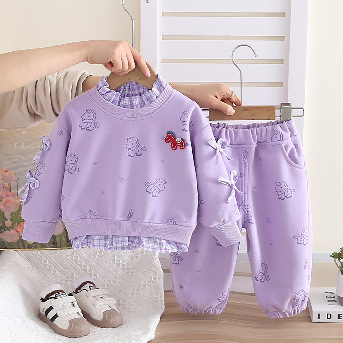 女童休闲假两件长袖套装春秋洋气卡通小马卫衣裤子薄款两件套百搭