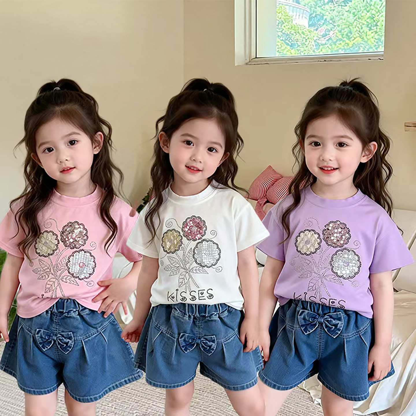 夏季套装女童休闲风花朵T恤牛仔短裤两件套女宝宝夏季薄款套装