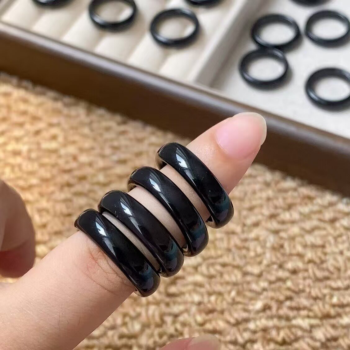 天然黑曜石尾戒小码轻奢小众黑色简约百搭黑色指环招财转运戒指