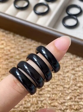 天然黑曜石尾戒小码轻奢小众黑色简约百搭黑色指环招财转运戒指