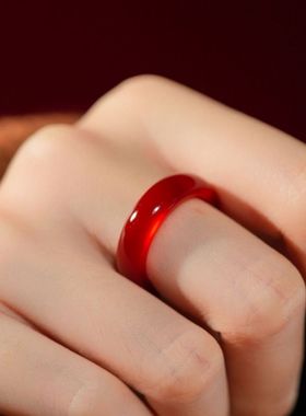 天然红玛瑙戒指女素圈本命年新年红玉髓指环戒圈大红跑环内径20mm