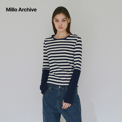 Millo Archive2025春新款条纹圆领纯棉T恤长袖打底衫修身时尚百搭
