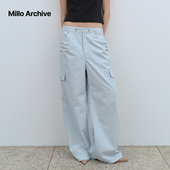 裤 女休闲浅蓝宽松 Archive长裤 高腰直筒工装 名井南同款 Millo