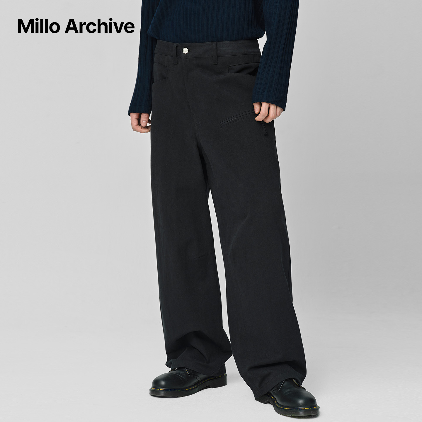 Millo Archive25秋冬简约风黑色阔腿裤男宽松重磅休闲长裤廓腿
