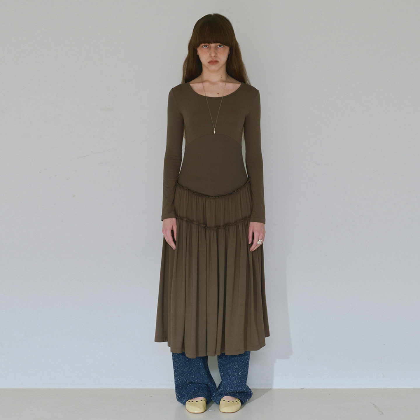 [欧阳娣娣同款]Millo Archive圆领抽褶荷叶边长袖连衣裙气质伞裙