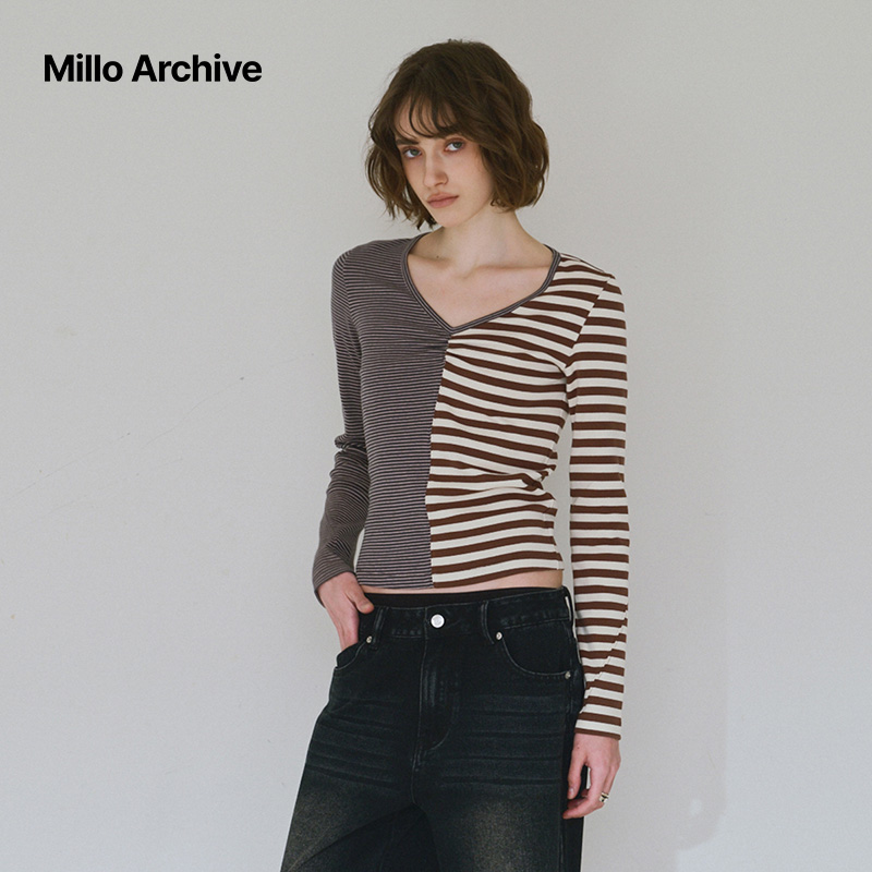 Millo Archive2025春季拼色T恤女V领收皱正肩显瘦长袖条纹上衣