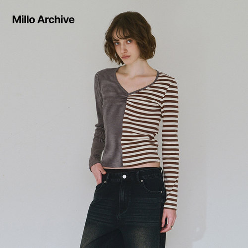 Millo Archive2025春季拼色T恤女V领收皱正肩显瘦长袖条纹上衣