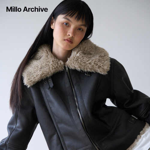 Millo Archive25秋冬女款毛领夹克外套女短款皮毛一体美拉德皮衣