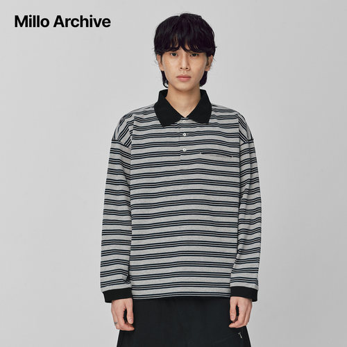 Millo Archive2025秋冬新款复古条纹polo领长袖T恤男打底衫上衣