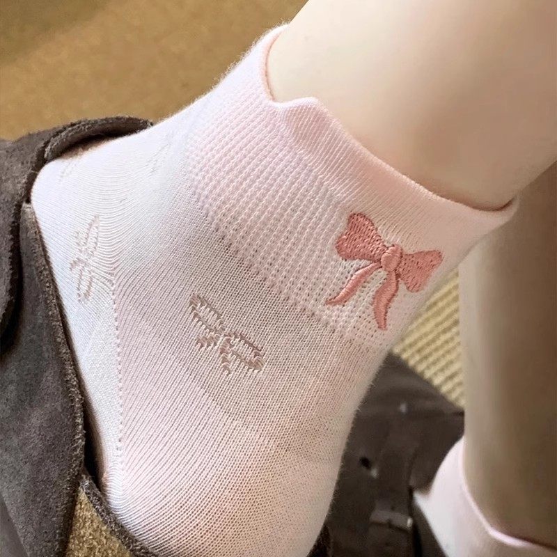 后跟蝴蝶结袜子女春夏纯棉短袜配勃肯鞋可爱芭蕾风短筒袜夏季薄款