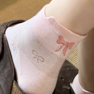 后跟蝴蝶结袜子女春夏纯棉短袜配勃肯鞋可爱芭蕾风短筒袜夏季薄款