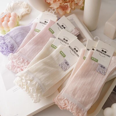 无骨薄款花边袜子女夏中筒透气