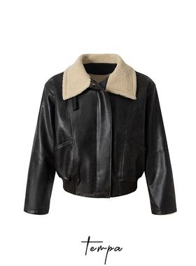 Tempa 25冬季New实拍复古羊羔绒领皮感夹棉棉服外套
