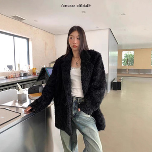 皮毛一体番茄侠Teddy 黑色仿貂毛翻领羊羔毛外套女冬加厚毛毛外套