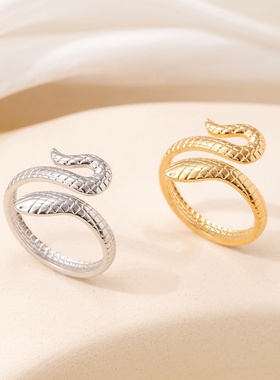 欧美冷淡风环绕蛇形钛钢不掉色戒指女冷酷潮款个性小蛇指环手