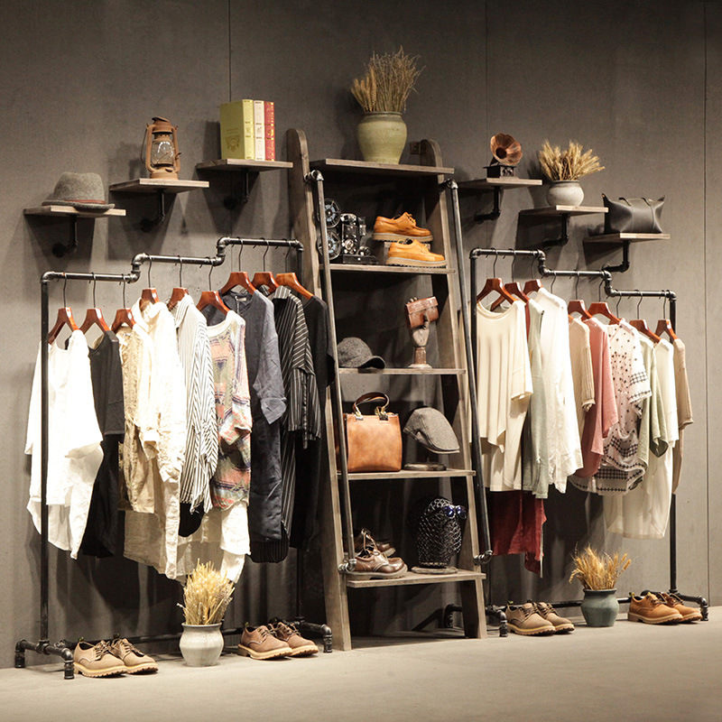 复古铁艺实木服装店展示架服装货架衣架水管陈列挂衣帽架收纳