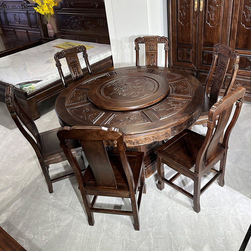 餐桌中式雕花带转盘南美紫檀木一桌六椅全实木餐桌椅组合圆形饭桌