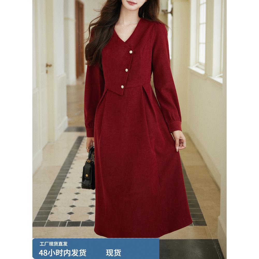 秋冬红色长袖连衣裙2025新款女春秋款高档品牌轻奢高级感修身裙子