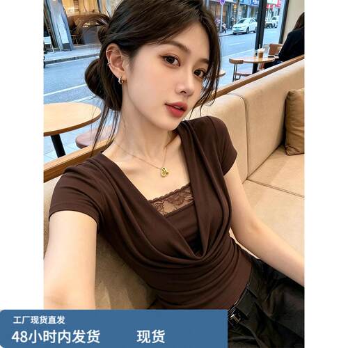 法式荡领蕾丝拼接短袖T恤女夏季新款小众高级感修身显瘦洋气上衣