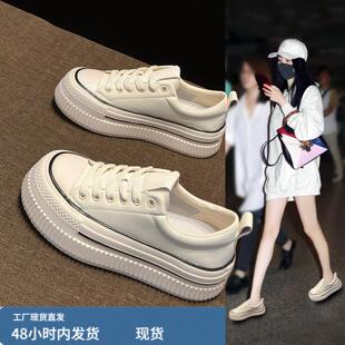 韩版真皮休闲风平底系带小白鞋女2026新款百搭软底学生运动板鞋子