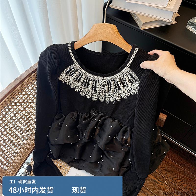 秋新款名媛风重工钉珠设计荷叶边裙摆宽松拼接长袖百搭针织上衣女