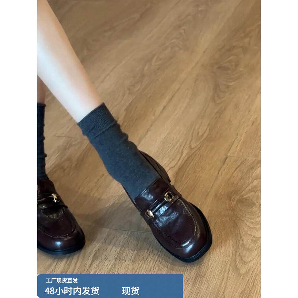 水洗牛皮~真皮覆古棕色一脚蹬乐福鞋女2025新款英伦风小皮鞋单鞋