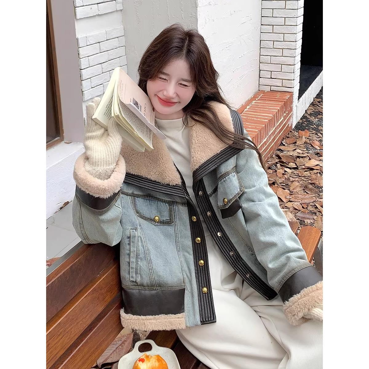 覆古大翻领羊羔毛拼接牛仔派克服女冬季加绒加厚小个子羽绒服外套