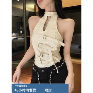 美式辣妹挂脖PU皮背心女秋冬季千禧风覆古打底衫时尚个性显瘦上衣