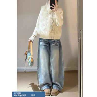 今年流行爆款低腰阔腿牛仔裤女秋冬2025新款小个子宽松直筒弯刀裤