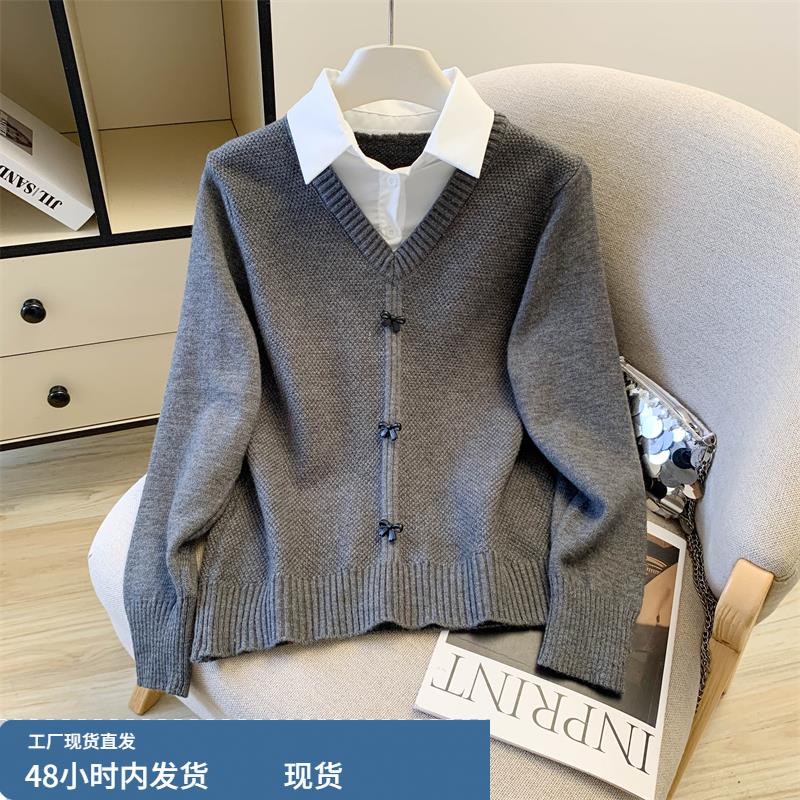 自留款推荐~假两件拼接衬衫领套头针织衫女季新款时尚减龄毛衣
