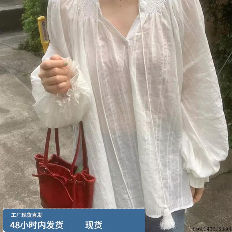 慵懒宽松系带V领套头灯笼袖高级小众不撞款衬衫韩系chic别致上衣