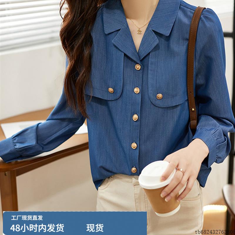 广州十三行大码女装高端2025年夏季新款蓝色牛仔衬衫港味复古上衣