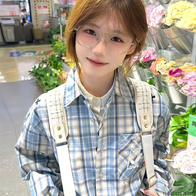 蓝色覆古格纹长袖衬衫女春秋2025新款爆款设计感法式宽松衬衣外套