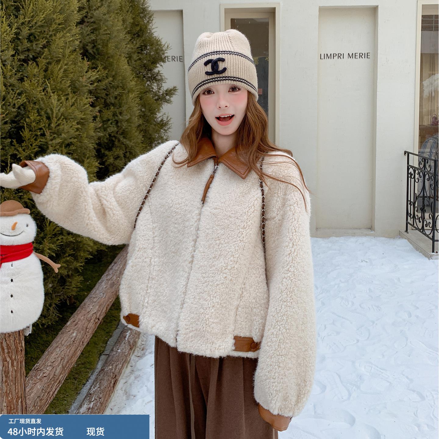 米色显瘦加厚皮毛一体外套女2025冬季新款保暖减龄百搭羊羔毛棉服