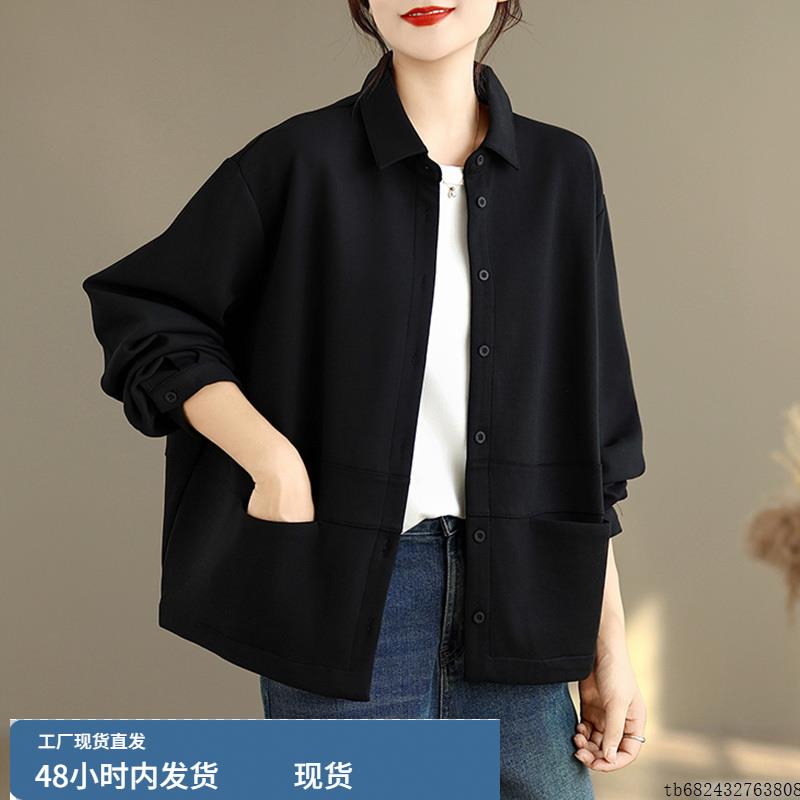 妈妈秋装黑色外套女士2025新款今年流行爆款时尚宽松夹克上衣衬衣
