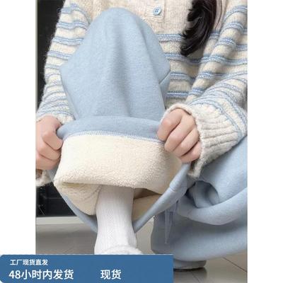 蓝色羊羔绒加厚裤子女2025新款冬季小个子高腰直筒休闲加绒阔腿裤