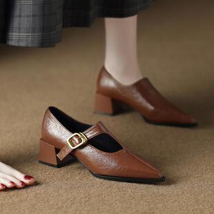 真皮单鞋女2025早春新款配裙子法式尖头玛丽珍女鞋春款高跟小皮鞋
