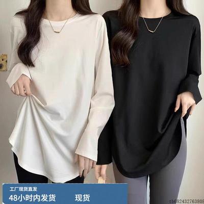 中长款打底衫女春秋新款宽松开叉遮屁股长袖T恤鲨鱼裤搭配的上衣