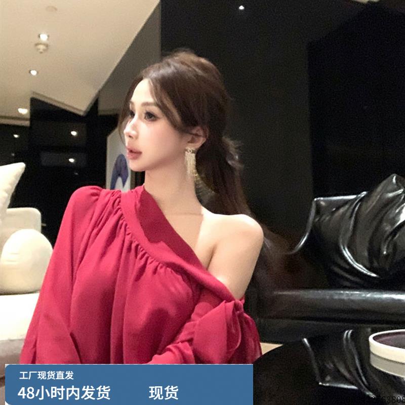 飘带绑带斜肩长袖高级小众不撞款衬衫韩系chic别致上衣衬衣女款