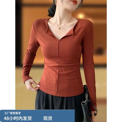 枣红色半开领打底衫女装2025秋冬新款修身显瘦内搭长袖T恤v领上衣